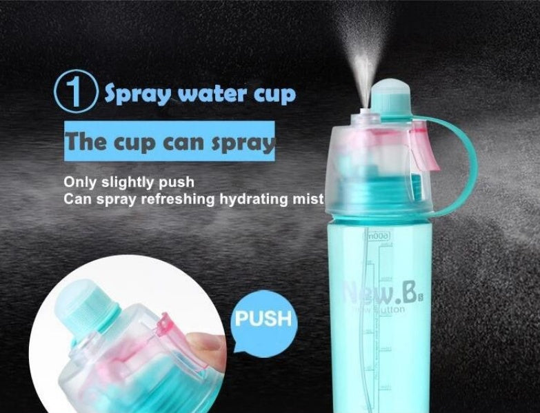 Spray water bottle with push mist cup, clear blue body and teal cap