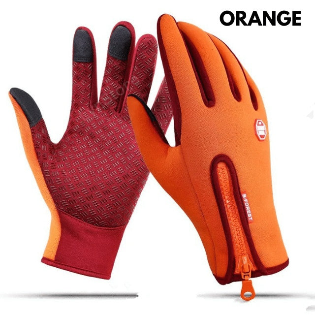 Winter riding gloves, orange with red accent palm and padded touchscreen fingertip area.