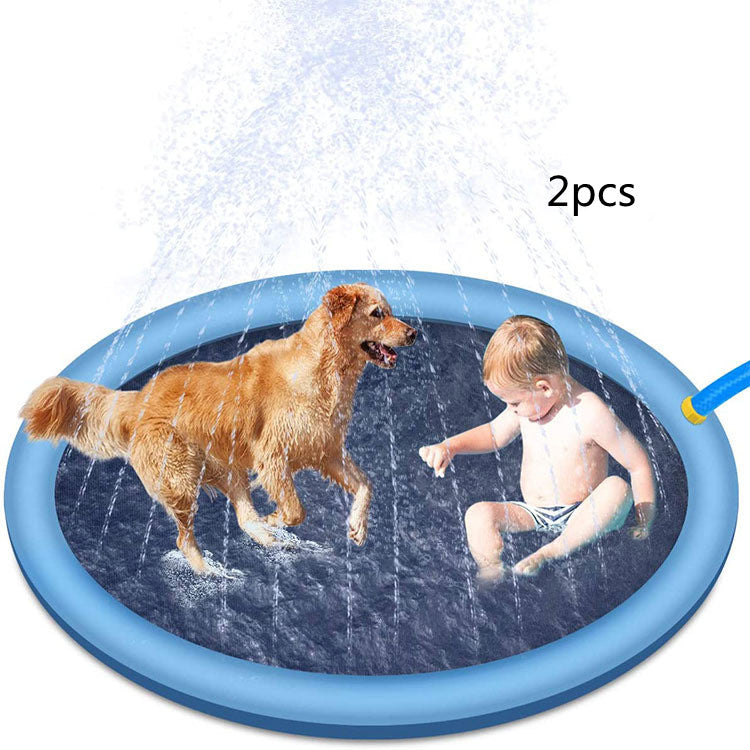 Blue inflatable splash pad with sprinkler jets and non-slip bottom, kid and dog playing