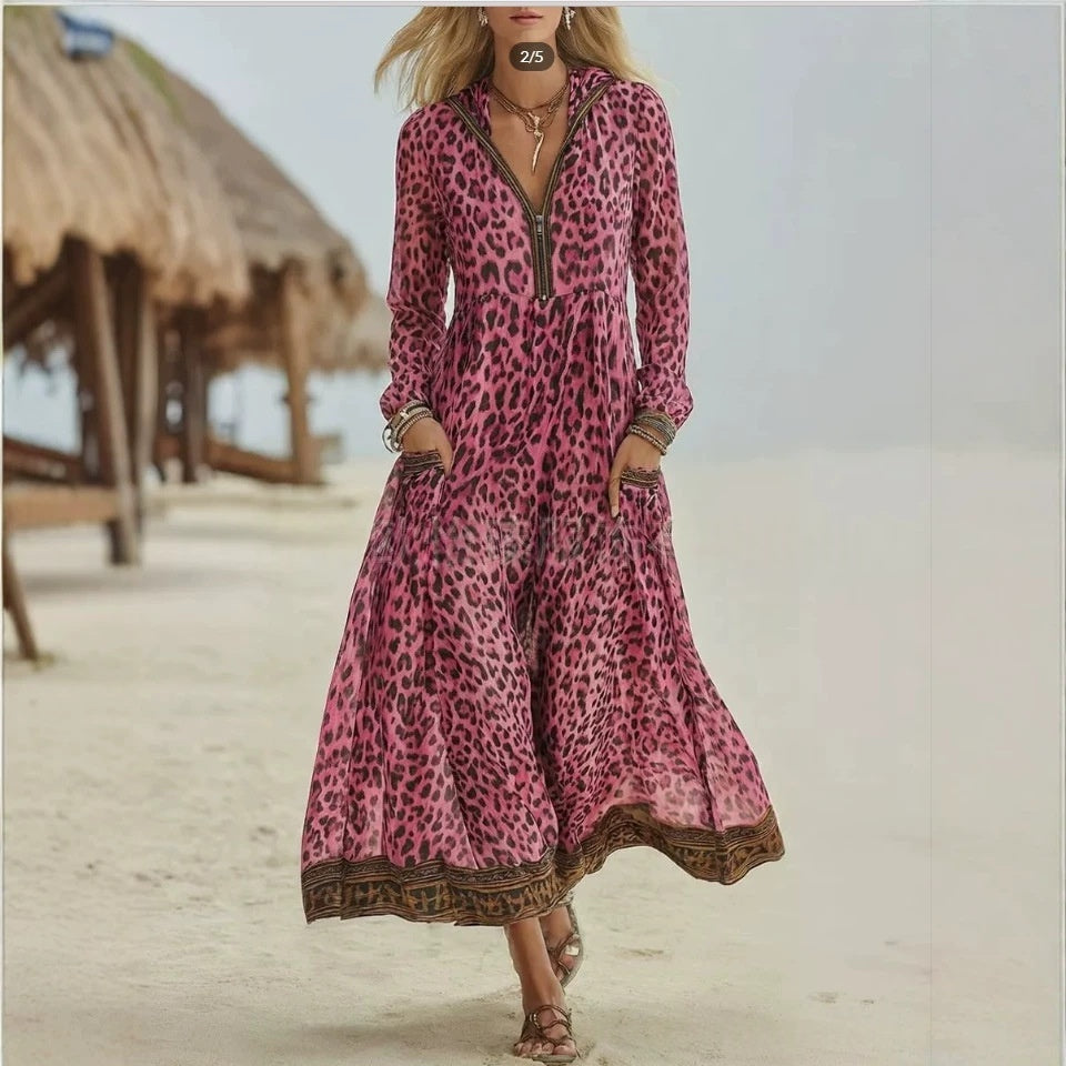 Pink leopard-print hooded maxi dress with long sleeves, V-neck placket, and tiered hem