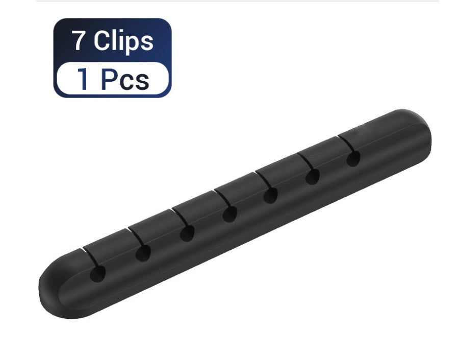 Silicone cable organizer strip with 7 clip slots, single piece, black