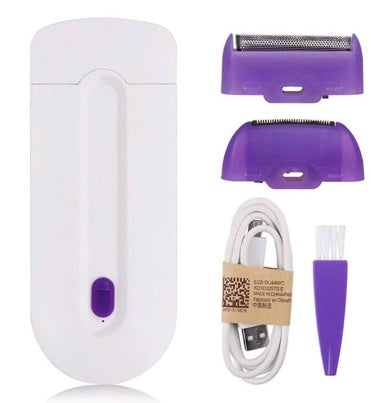 Electric hair removal shaver with purple head, charging cable, and attachment set