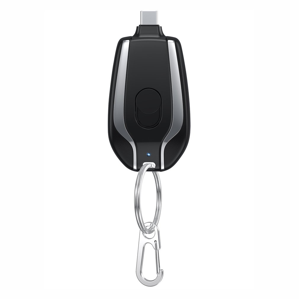 Mini keychain power bank pod with charging port and metal carabiner, dark black case