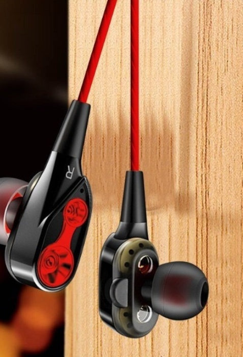 Dynamic headphones with black earbuds and red cable accents