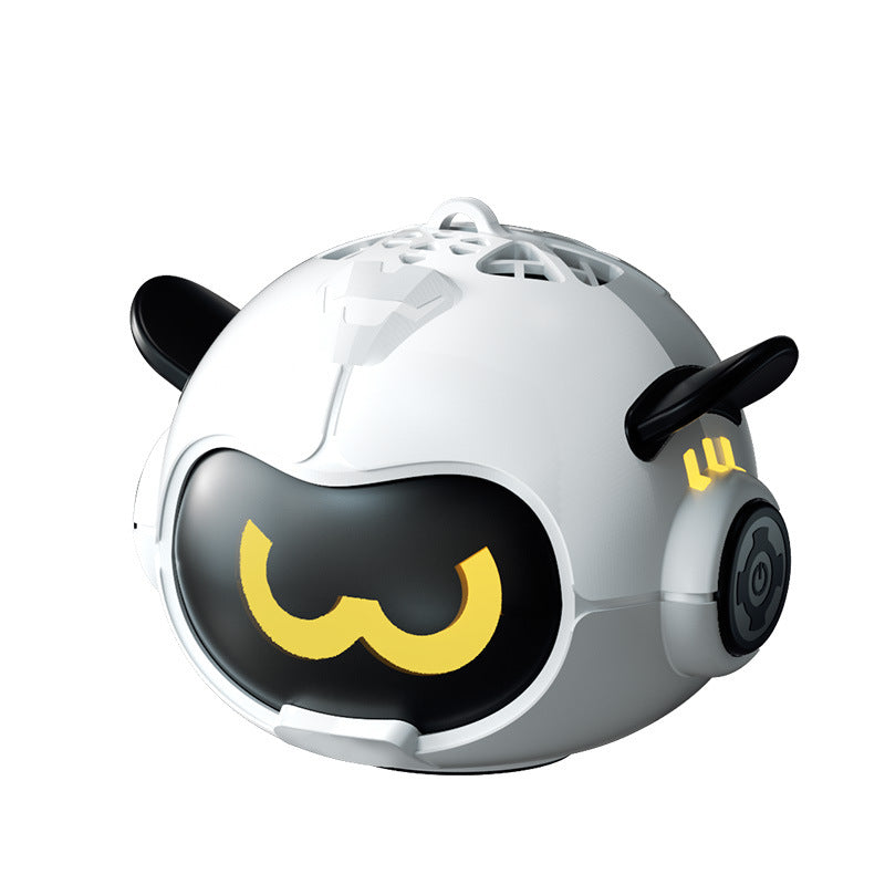 White mini Bluetooth speaker with cartoon face, side horn speakers, and small wheel details