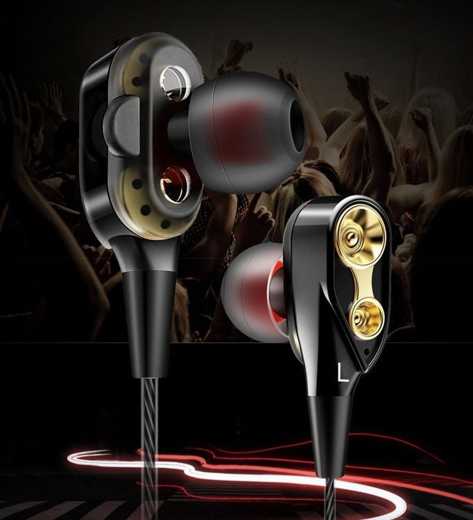 Dynamic headphones with black earbuds, gold ear cups, and red accents