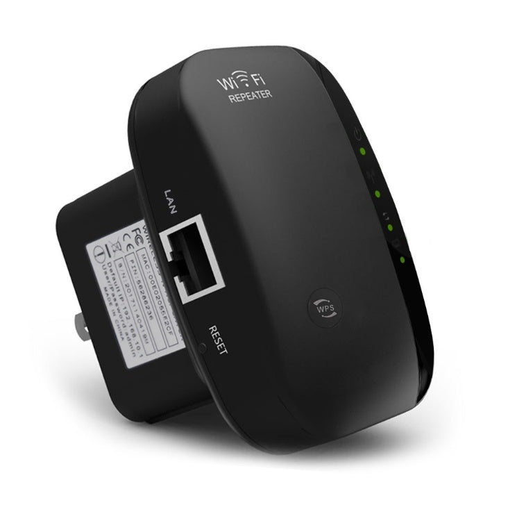 WiFi repeater plug-in extender, black side showing LAN port and Reset label
