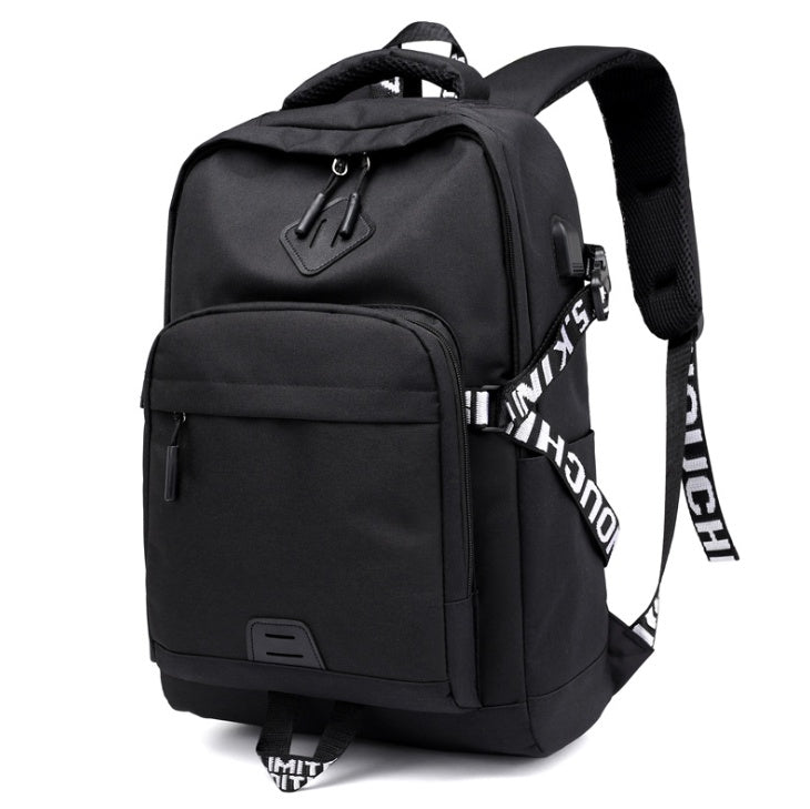 Black USB laptop backpack with front zip pocket, top handle, and padded shoulder straps
