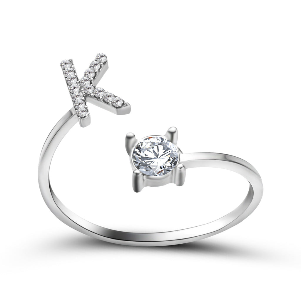 Adjustable initial letter ring with round clear stone, silver-tone pave X-shaped letter