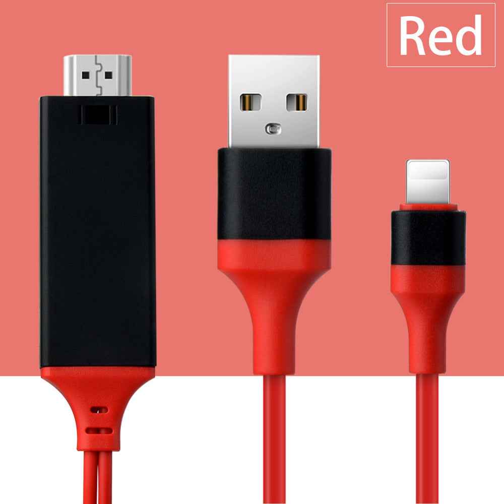 Red mobile phone projection cable with Type-C, USB, and HDMI adapters