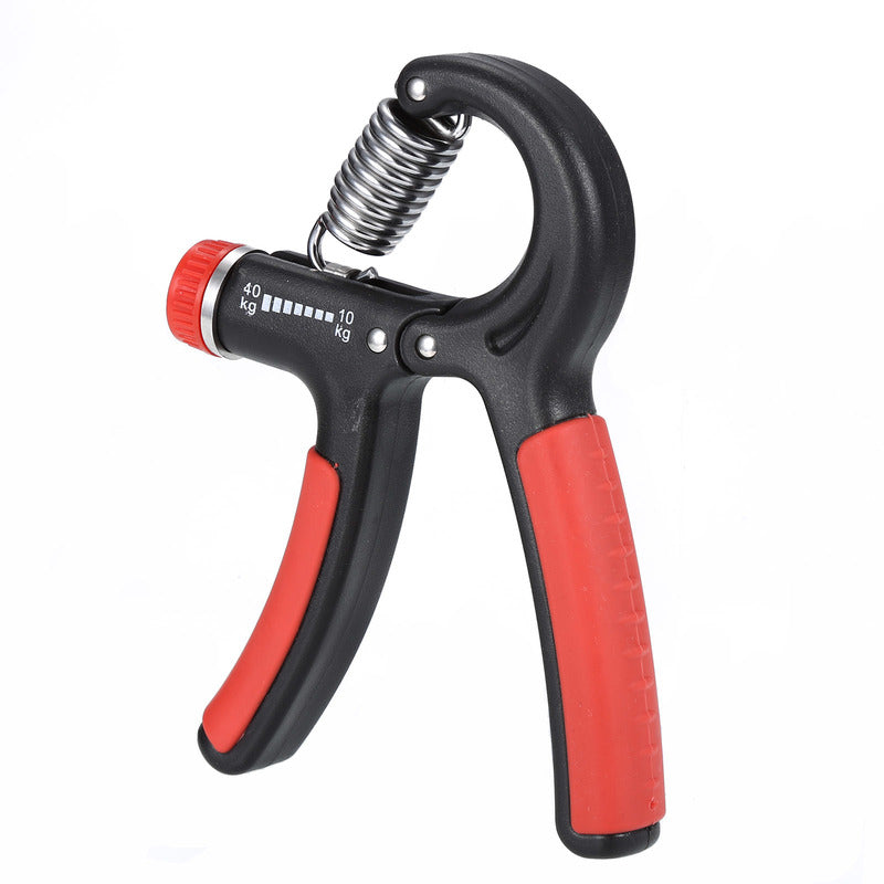 Finger exerciser hand grip with black frame and red handles, adjustable spring tension scale