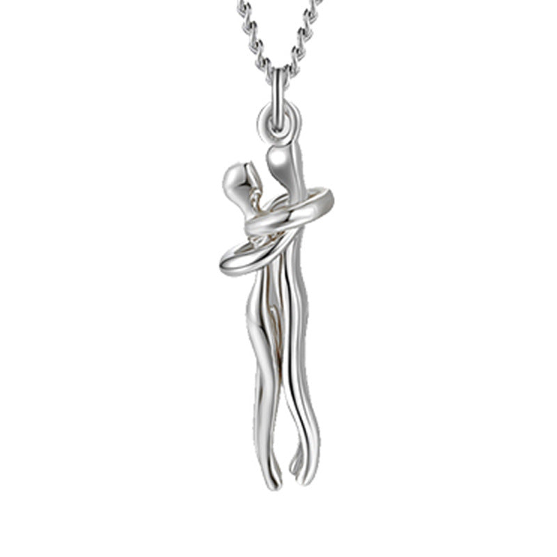 Silver-tone hug pendant necklace with heart charm and linked chain, unisex.