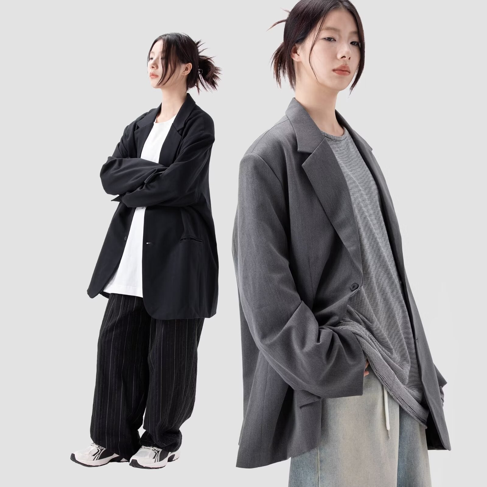 Black loose-fitting coat with notch lapels, button front, long sleeves, flap pockets