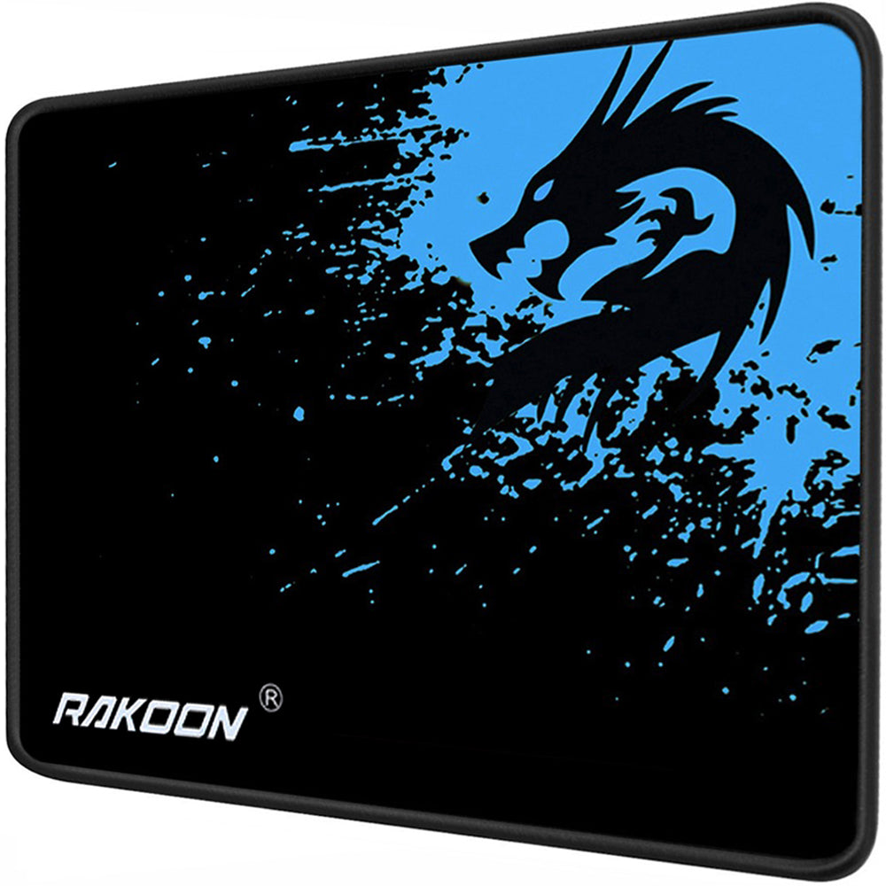 Mouse pad with black and blue dragon splash graphic and RAKOON logo, rounded corners