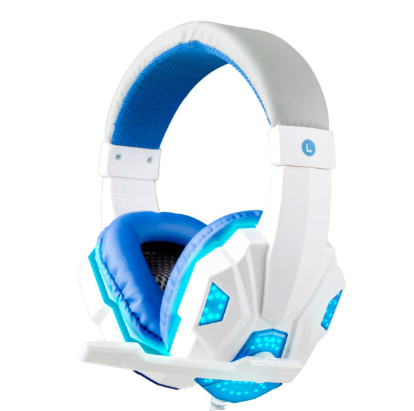 Over-ear gaming headphones, white with blue LED earcups and padded headband