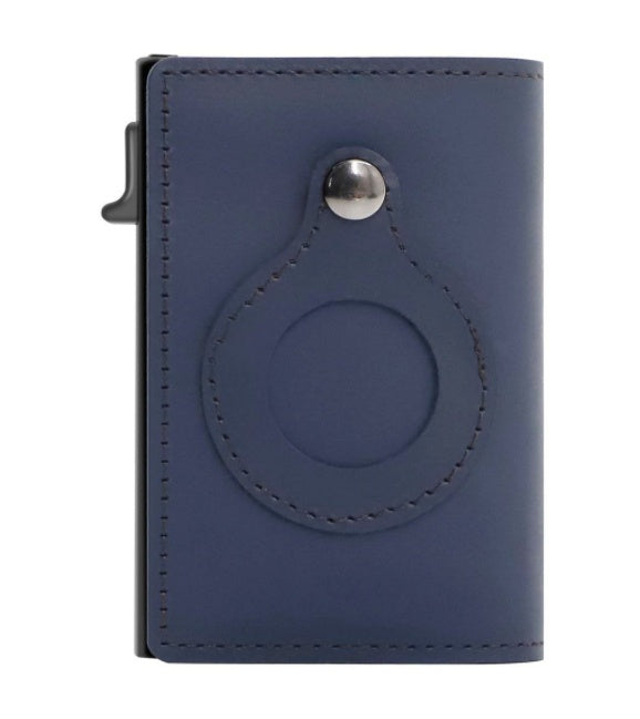 Men's slim card wallet in navy with round tag holder and metal top rivet.