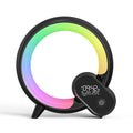 Black sunrise alarm clock with RGB halo ring light and digital display with control button