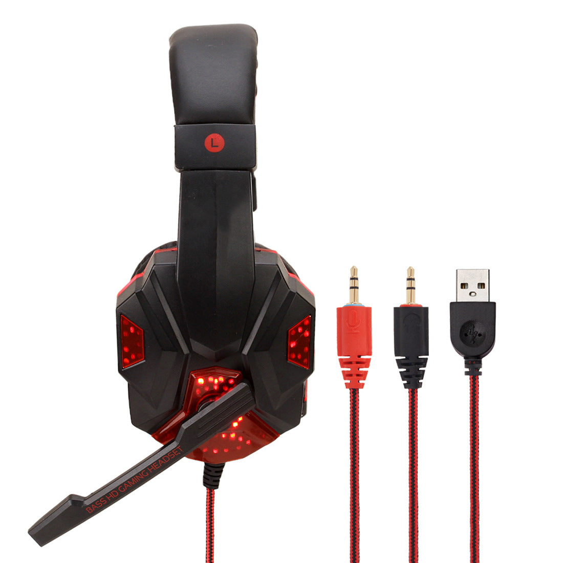 Over-ear gaming headphones, black with red LED earcups and included audio cables