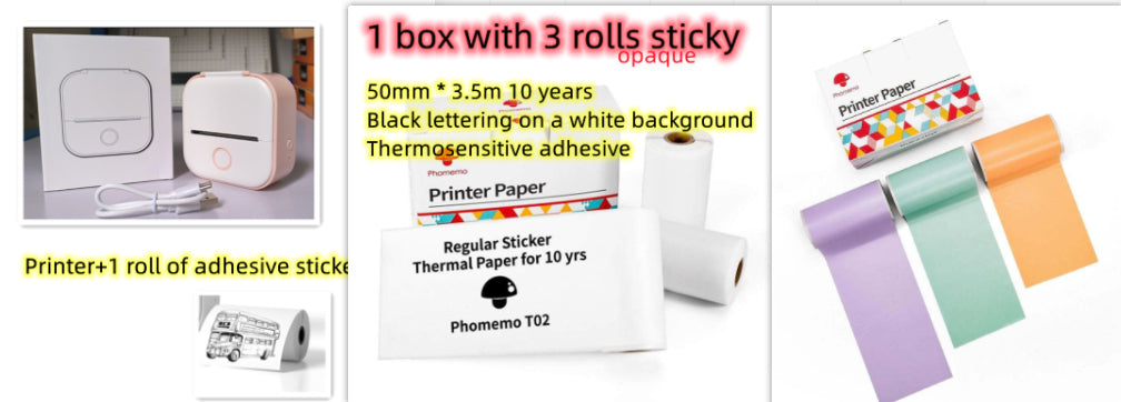 Mini label printer and printer paper box with rolls and colored sticker strip samples