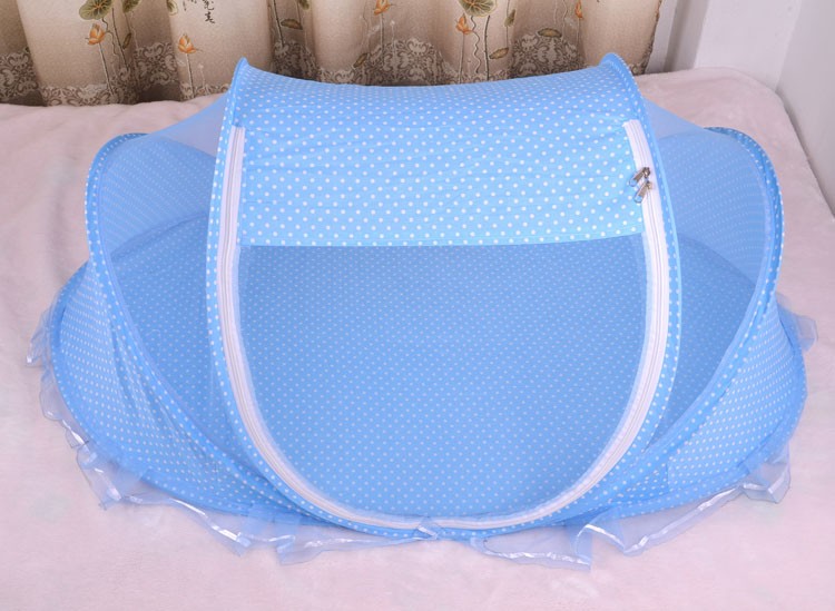 Foldable baby bed net set, blue dotted mesh tent with white trim and front zip opening