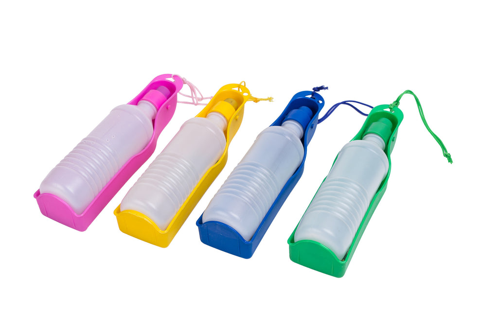 Pack of four pet water bottles in pink, yellow, blue, and light green with cords.