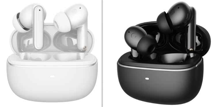 White and black wireless in-ear headphones with charging cases shown side by side