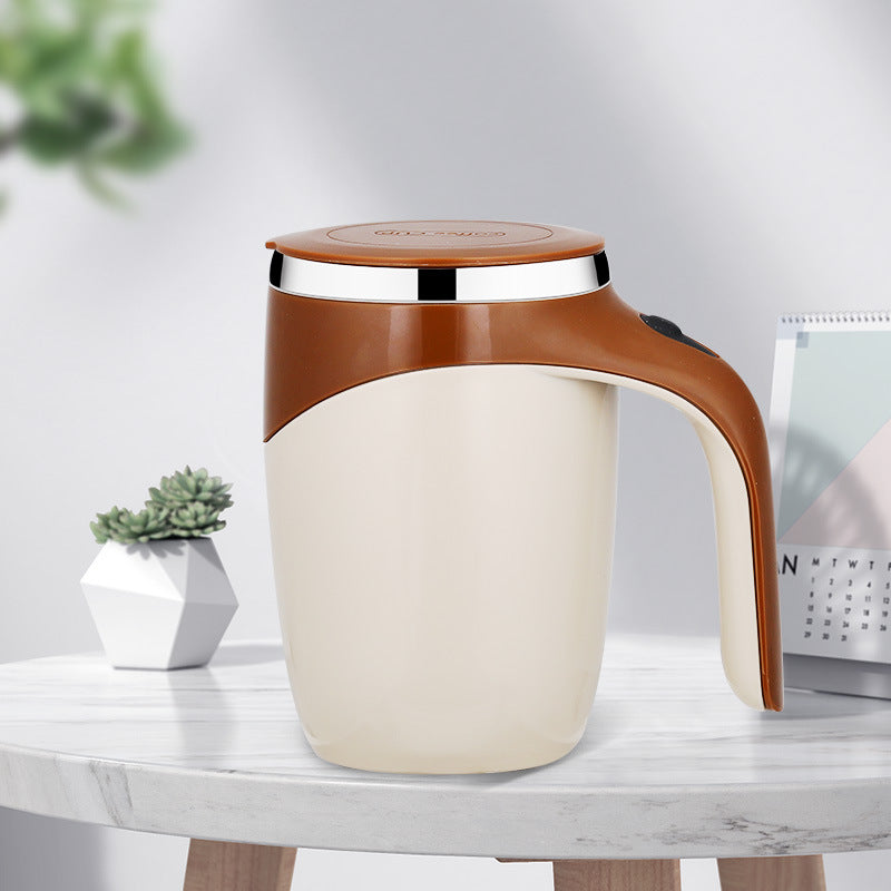Rechargeable electric stirring cup in warm brown and cream with lid and side handle