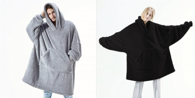 Fleece hoodie sweatshirt in light gray and black, hooded with large front pocket