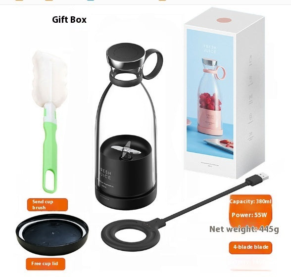 Black portable electric juicer blender bottle kit with lid, brush, and charging cable