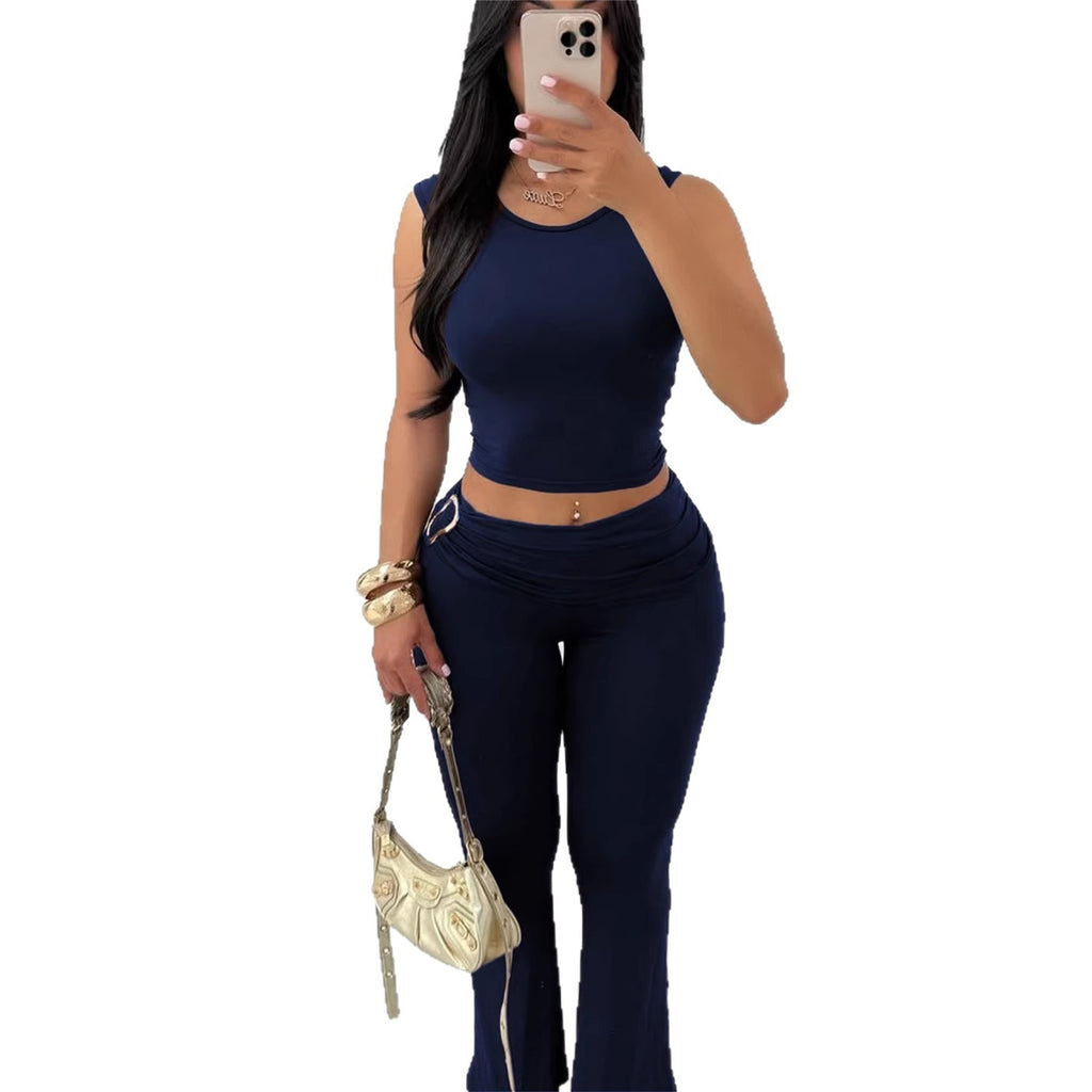 Womens sleeveless crop top and bodycon flare pants set, dark blue