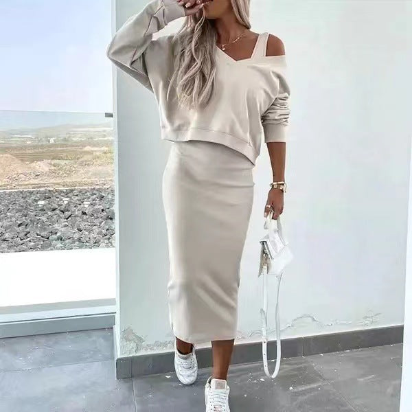 Two-piece midi dress set in light beige, cropped V-neck pullover and sleeveless pencil dress