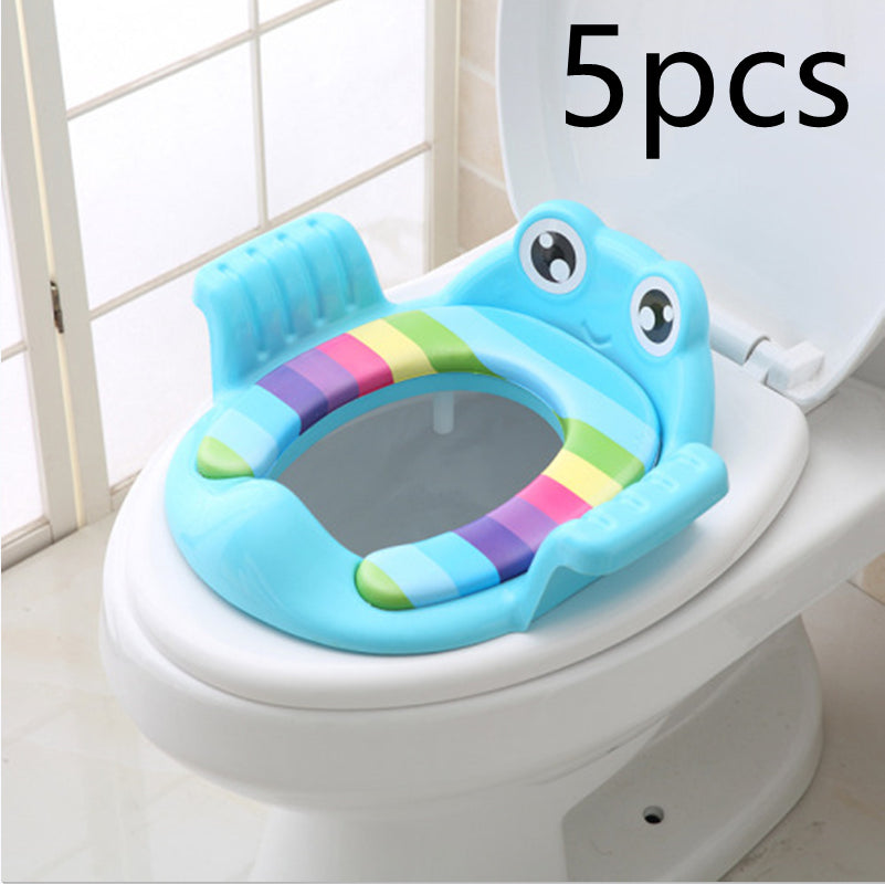 Blue toddler toilet seat 5-pack with animal face, striped inner pad, and side grips