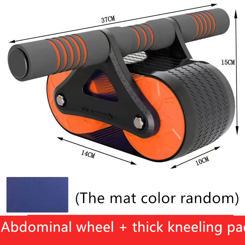Orange double-wheel ab roller with thick kneeling pad and two ribbed hand grips