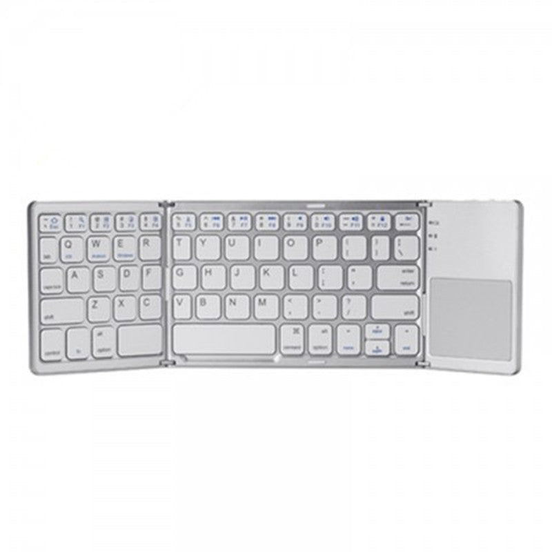 Folding Bluetooth keyboard, white keys and light gray stand panel, folded