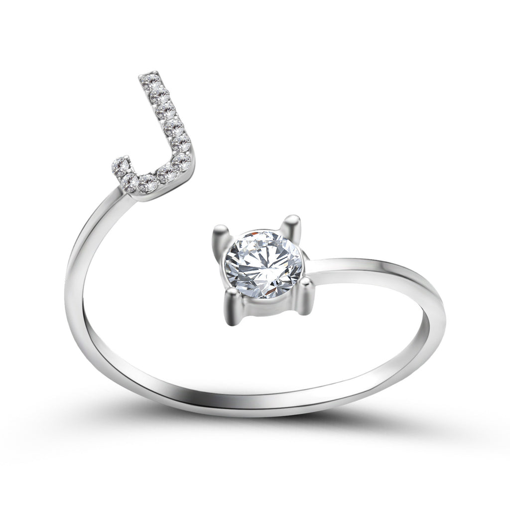 Adjustable initial letter ring with crystal letter detail and round center stone, silver-tone