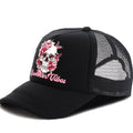 Men's casual baseball cap, black front and bill with skull floral graphic and mesh back