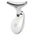 EMS neck wrinkle massager, white body with pink LED strip and power button