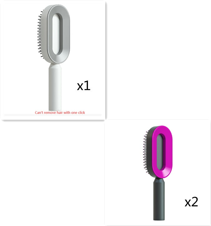 Self-cleaning hair brush set: one white brush and two purple brushes