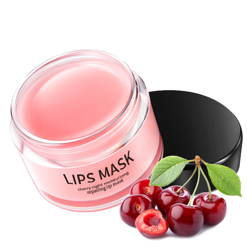Lip mask jar with pink gel, clear lid, black cap and cherry accents