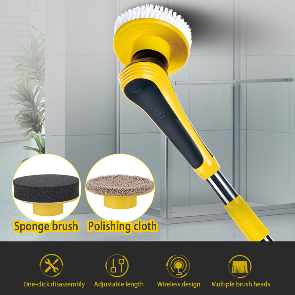 Electric cleaning brush with sponge and polishing cloth attachments, yellow and black