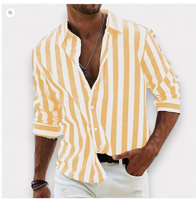 Men striped button-up shirt, long sleeve, gold/white vertical stripes, open collar
