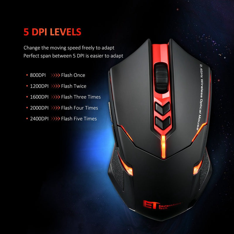 Black wireless gaming mouse with red light accents and blue DPI halo