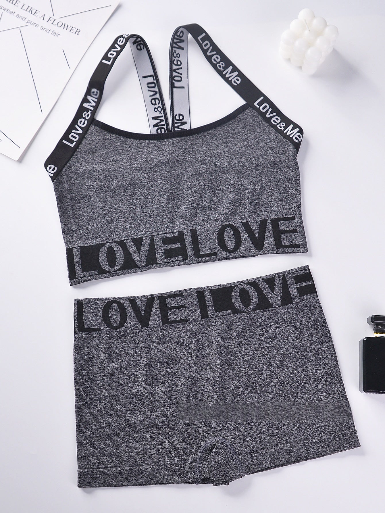 Camisole bra set in gray with LOVE LOVE letter band and matching shorts