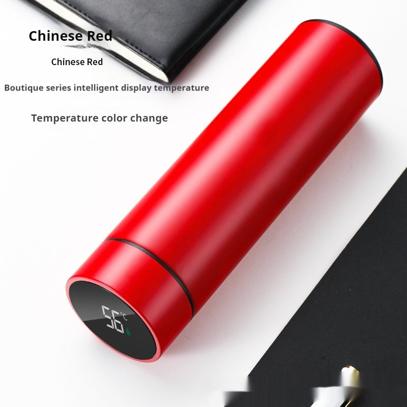 Smart temperature display insulated bottle, red finish, round LED display with temperature digits