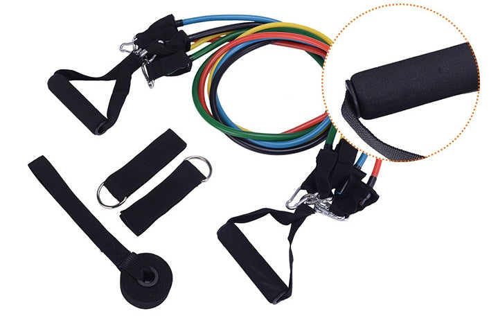 Portable fitness rally resistance band set with black ankle straps, multicolor bands, carabiners
