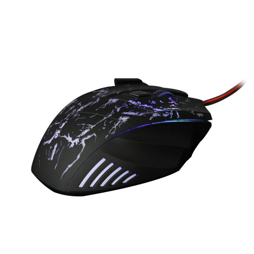 Gaming mouse with black body, white LED stripes, and red cord