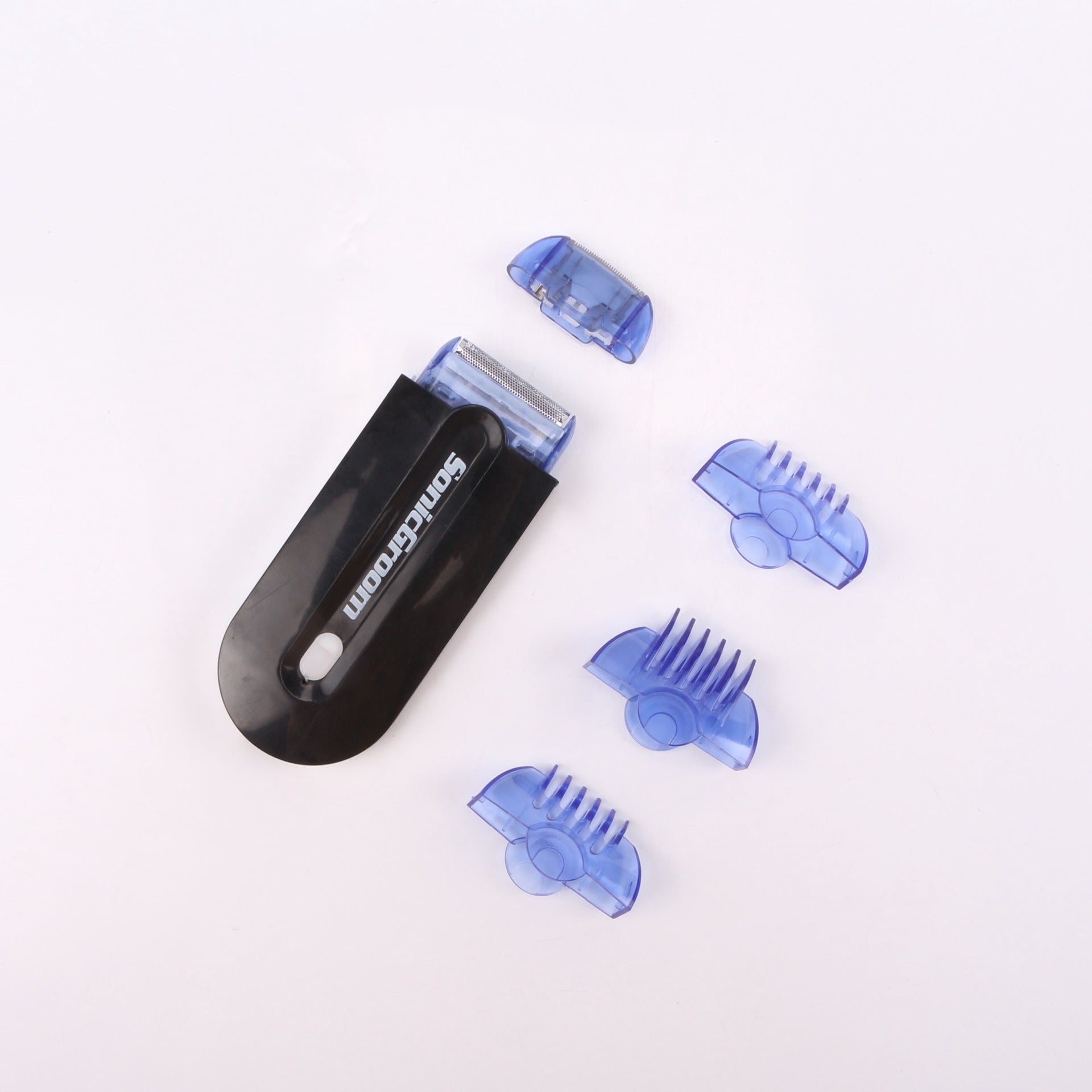 Electric hair removal shaver handle with blue translucent guard attachments