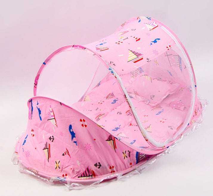 Foldable baby bed net set with pillow, pink printed canopy and mesh sides