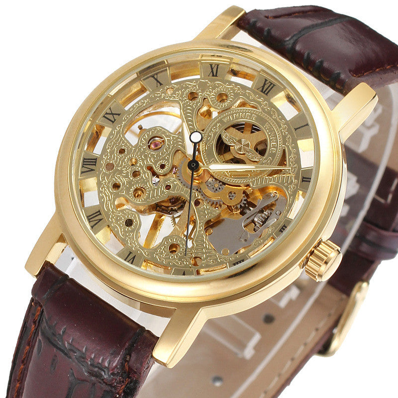 Mechanical watch with gold-tone openwork dial and brown leather strap
