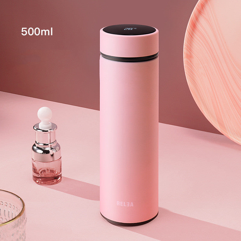 Insulated LCD water bottle, 500 ml, pink with black lid and temperature screen